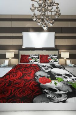 Y2K Skull and Rose Duvet Cover Set - Grunge, 90s, Gothic, Retro, Pastel Goth, Y2K