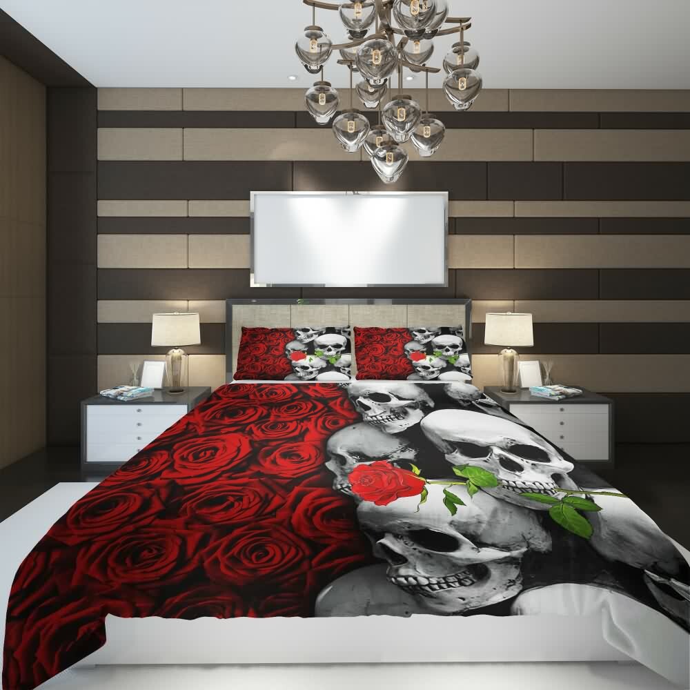 Y2K Skull and Rose Duvet Cover Set - Grunge, 90s, Gothic, Retro, Pastel Goth, Y2K