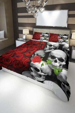 Y2K Skull and Rose Duvet Cover Set - Grunge, 90s, Gothic, Retro, Pastel Goth, Y2K