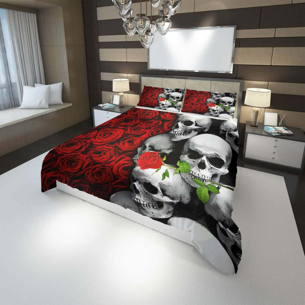 Y2K Skull and Rose Duvet Cover Set - Grunge, 90s, Gothic, Retro, Pastel Goth, Y2K