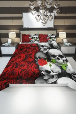 Y2K Skull and Rose Duvet Cover Set - Grunge, 90s, Gothic, Retro, Pastel Goth, Y2K