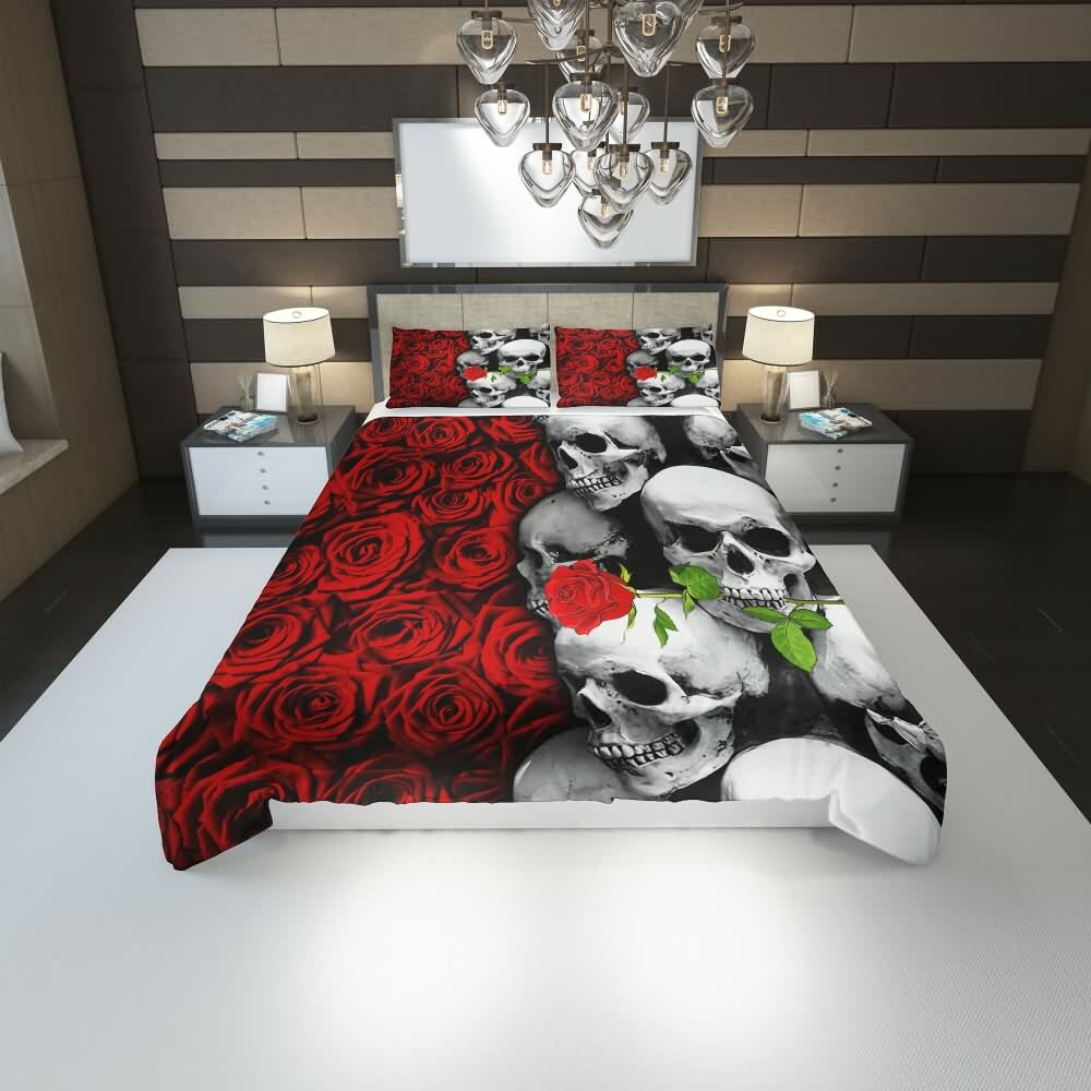 Y2K Skull and Rose Duvet Cover Set - Grunge, 90s, Gothic, Retro, Pastel Goth, Y2K