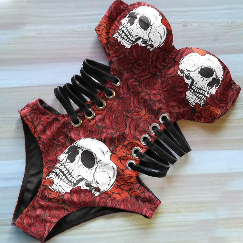 Y2K Skull Rose Monokini - Retro 90s Grunge Summer Swimsuit, Gothic Y2K Beachwear
