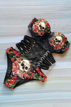 Y2K Skull Rose Monokini - Retro 90s Grunge Summer Swimsuit, Gothic Y2K Beachwear