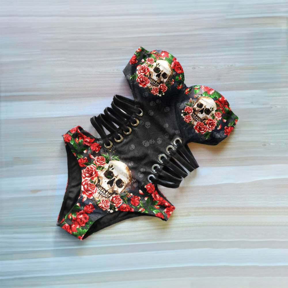 Y2K Skull Rose Monokini - Retro 90s Grunge Summer Swimsuit, Gothic Y2K Beachwear