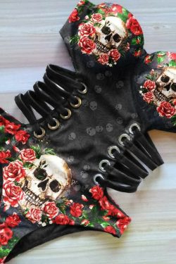 Y2K Skull Rose Monokini - Retro 90s Grunge Summer Swimsuit, Gothic Y2K Beachwear