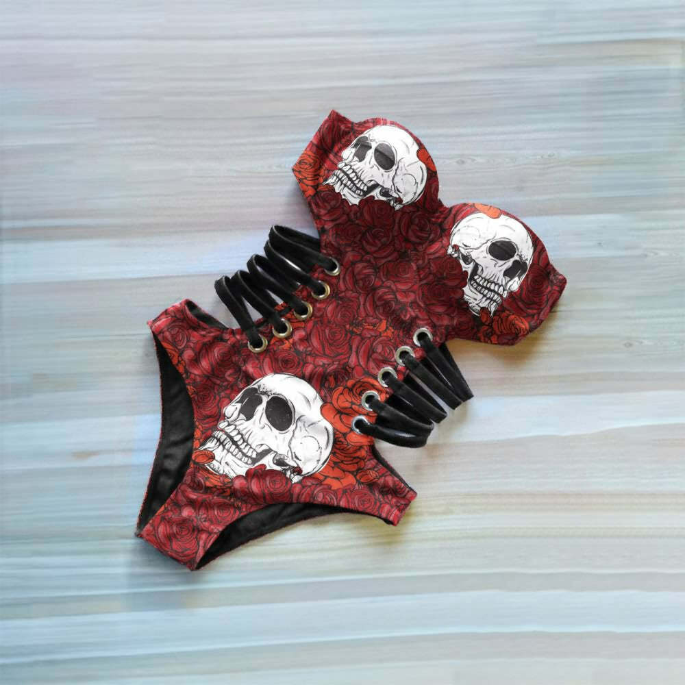 Y2K Skull Rose Monokini - Retro 90s Grunge Summer Swimsuit, Gothic Y2K Beachwear