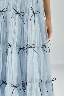 Y2K Sky Blue High Waist Patchwork Bow Tulle Skirt - Retro 90s Summer Grunge Outfit