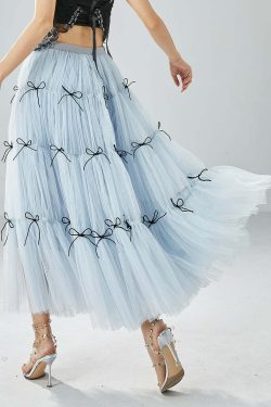 Y2K Sky Blue High Waist Patchwork Bow Tulle Skirt - Retro 90s Summer Grunge Outfit