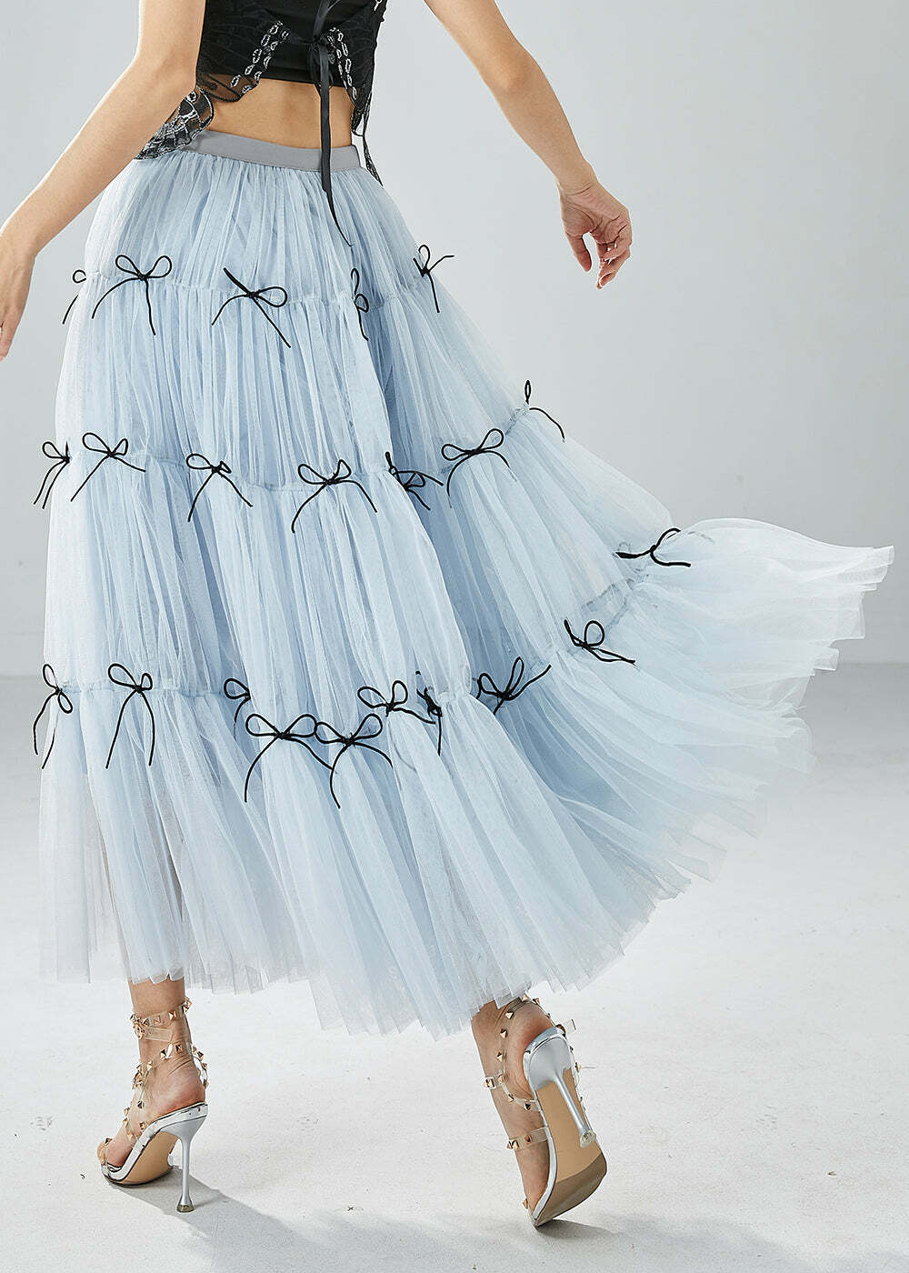 Y2K Sky Blue High Waist Patchwork Bow Tulle Skirt - Retro 90s Summer Grunge Outfit
