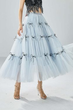 Y2K Sky Blue High Waist Patchwork Bow Tulle Skirt - Retro 90s Summer Grunge Outfit