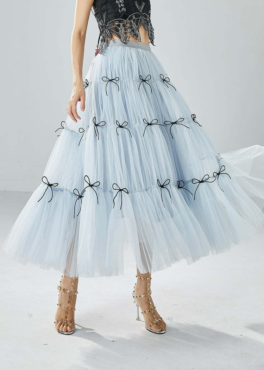 Y2K Sky Blue High Waist Patchwork Bow Tulle Skirt - Retro 90s Summer Grunge Outfit