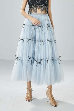 Y2K Sky Blue High Waist Patchwork Bow Tulle Skirt - Retro 90s Summer Grunge Outfit