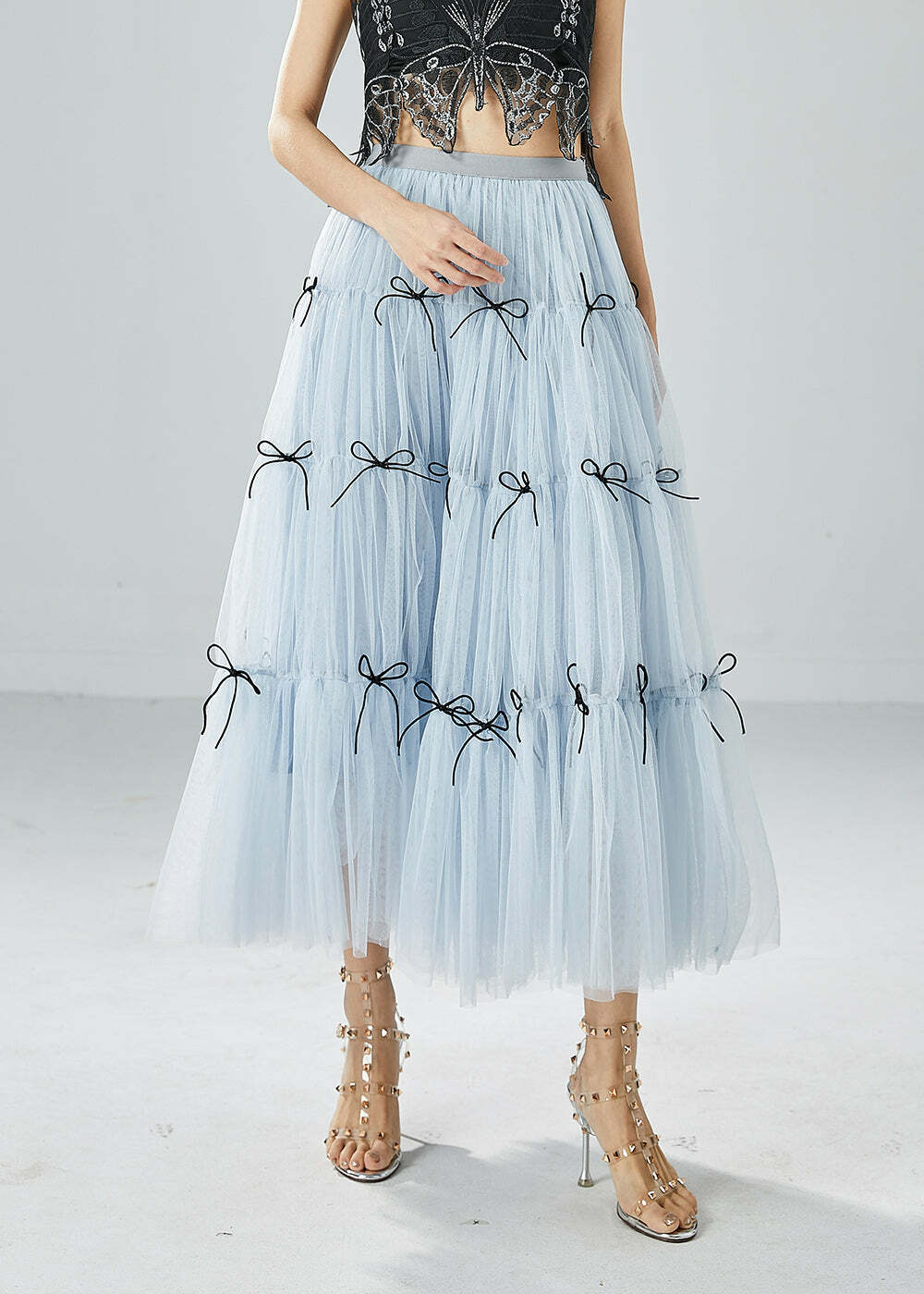 Y2K Sky Blue High Waist Patchwork Bow Tulle Skirt - Retro 90s Summer Grunge Outfit