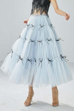 Y2K Sky Blue High Waist Patchwork Bow Tulle Skirt - Retro 90s Summer Grunge Outfit