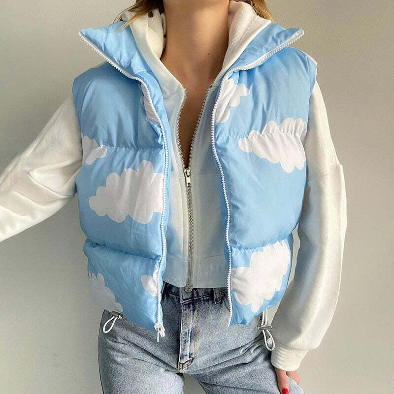 Y2K Sky Cloud Puffer Jacket - Retro 90s Grunge, Summer Y2K Outfits, Pastel Goth Fashion