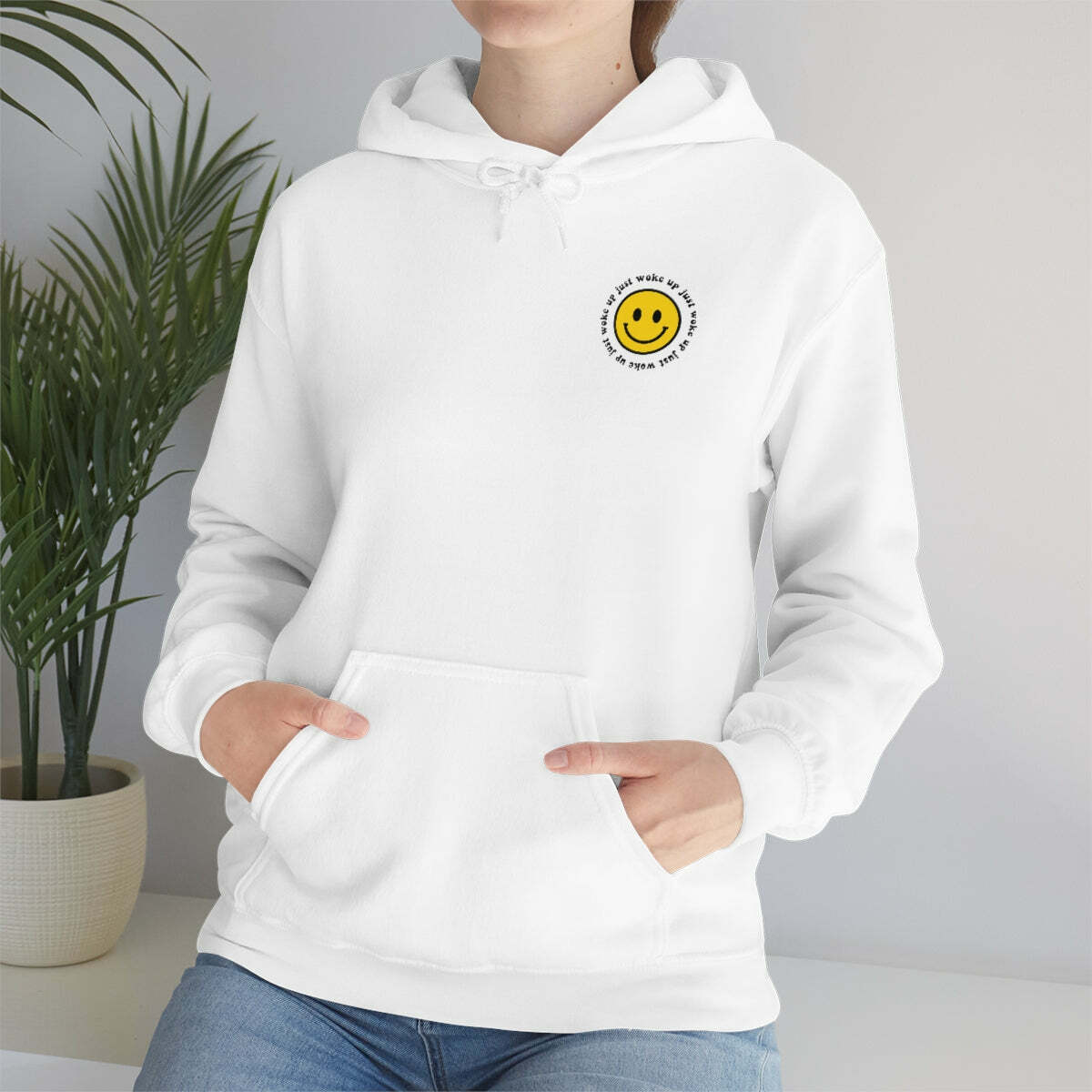 Y2K Smiley Just Woke Up Hoodie Sweatshirt - Retro 90s Grunge, Y2K Summer & Party Outfits