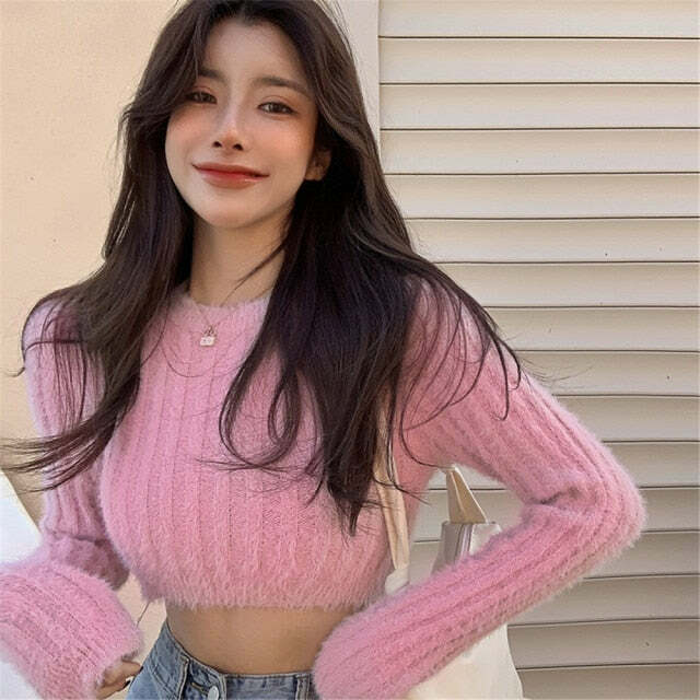Y2K Soft Girl Aesthetic Knitted Sweater - Baby Pink, Retro 90s Grunge Summer Outfit