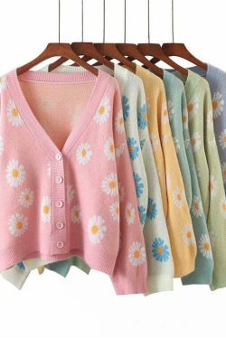 Y2K Soft Girl Daisies Cardigan Sweater - 90s Grunge, Retro Summer, Pastel Goth Outfits