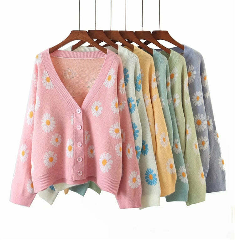 Y2K Soft Girl Daisies Cardigan Sweater - 90s Grunge, Retro Summer, Pastel Goth Outfits