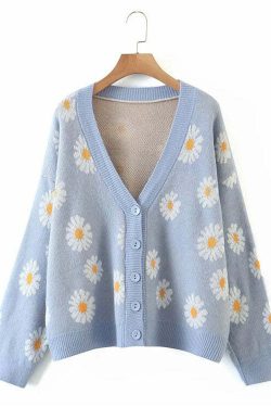 Y2K Soft Girl Daisies Cardigan Sweater - 90s Grunge, Retro Summer, Pastel Goth Outfits