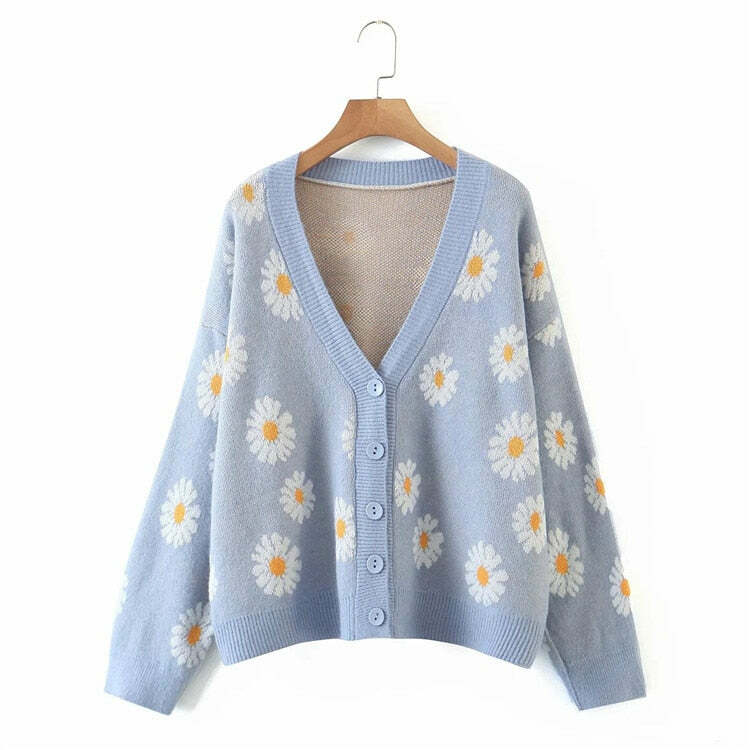Y2K Soft Girl Daisies Cardigan Sweater - 90s Grunge, Retro Summer, Pastel Goth Outfits