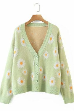 Y2K Soft Girl Daisies Cardigan Sweater - 90s Grunge, Retro Summer, Pastel Goth Outfits