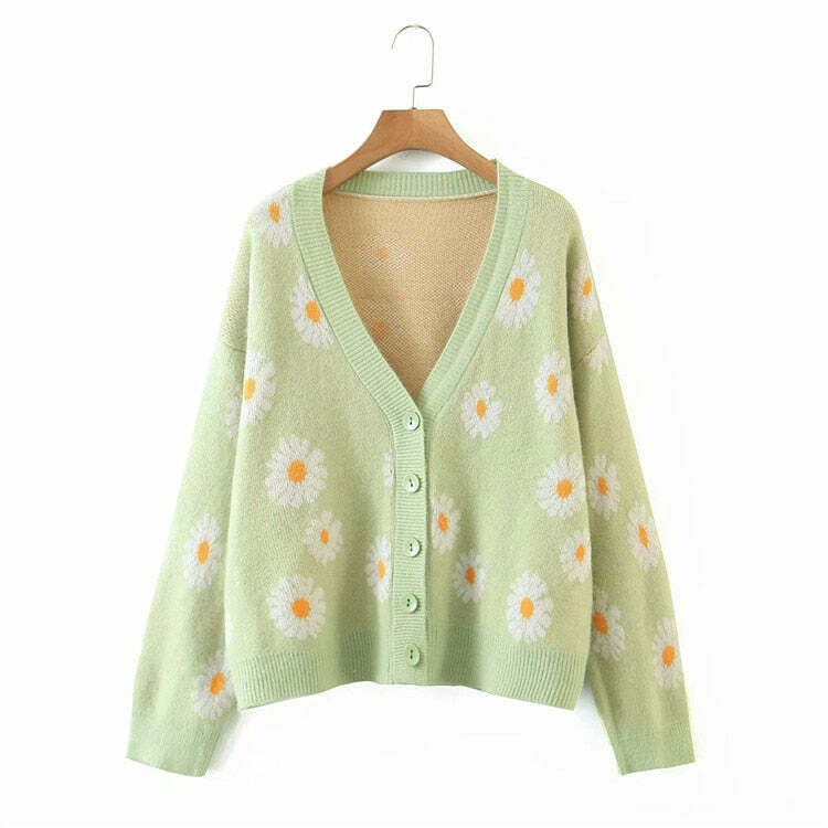 Y2K Soft Girl Daisies Cardigan Sweater - 90s Grunge, Retro Summer, Pastel Goth Outfits