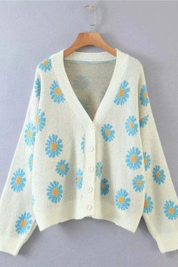 Y2K Soft Girl Daisies Cardigan Sweater - 90s Grunge, Retro Summer, Pastel Goth Outfits