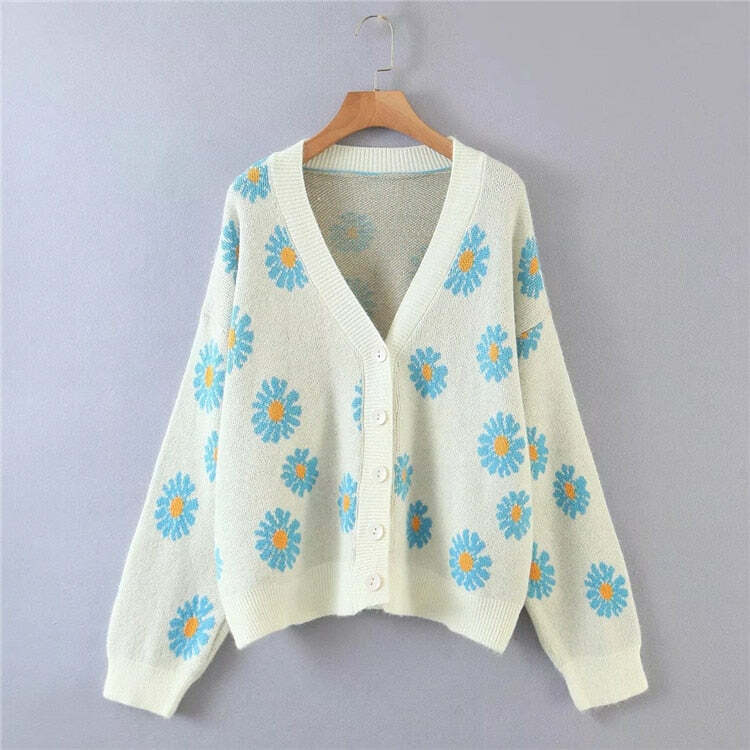Y2K Soft Girl Daisies Cardigan Sweater - 90s Grunge, Retro Summer, Pastel Goth Outfits