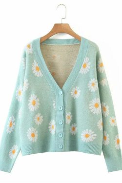 Y2K Soft Girl Daisies Cardigan Sweater - 90s Grunge, Retro Summer, Pastel Goth Outfits