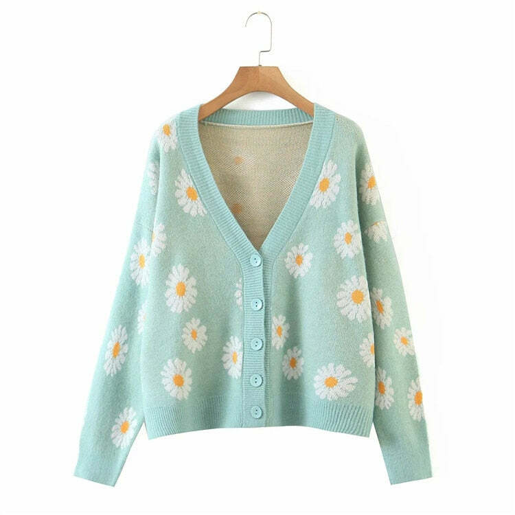 Y2K Soft Girl Daisies Cardigan Sweater - 90s Grunge, Retro Summer, Pastel Goth Outfits