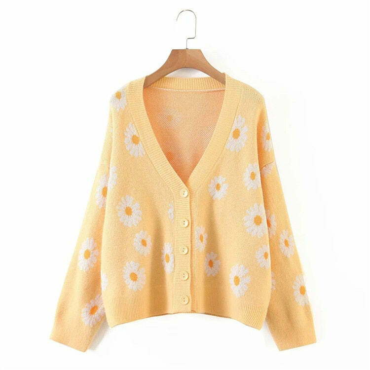 Y2K Soft Girl Daisies Cardigan Sweater - 90s Grunge, Retro Summer, Pastel Goth Outfits