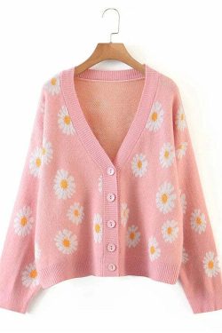 Y2K Soft Girl Daisies Cardigan Sweater - 90s Grunge, Retro Summer, Pastel Goth Outfits