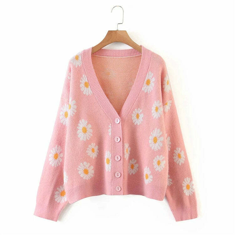 Y2K Soft Girl Daisies Cardigan Sweater - 90s Grunge, Retro Summer, Pastel Goth Outfits