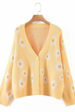 Y2K Soft Girl Daisies Cardigan Sweater - 90s Grunge, Retro Summer, Pastel Goth Outfits