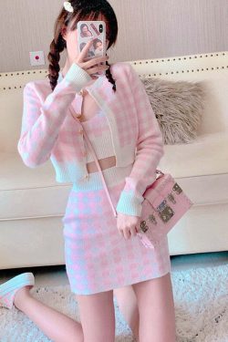 Y2K Soft Girl Knitted Cardigan Skirt 3-Piece Set Pink - Retro 90s Grunge Summer Outfit