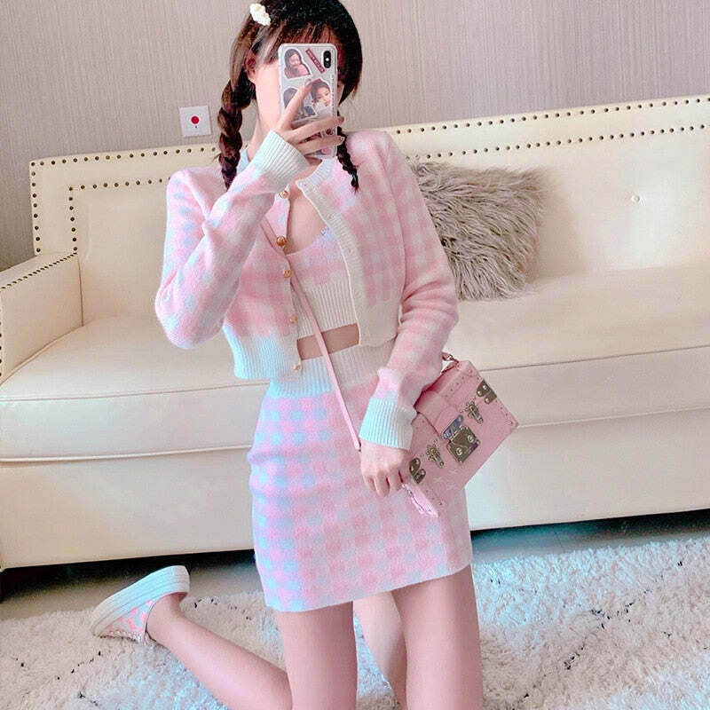 Y2K Soft Girl Knitted Cardigan Skirt 3-Piece Set Pink - Retro 90s Grunge Summer Outfit