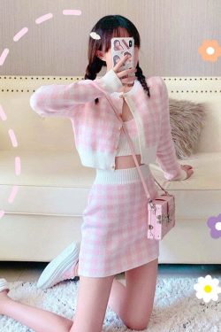 Y2K Soft Girl Knitted Cardigan Skirt 3-Piece Set Pink - Retro 90s Grunge Summer Outfit