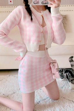 Y2K Soft Girl Knitted Cardigan Skirt 3-Piece Set Pink - Retro 90s Grunge Summer Outfit