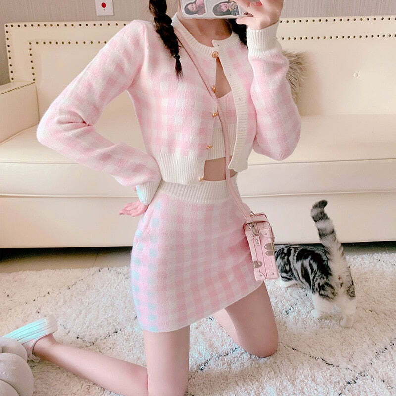 Y2K Soft Girl Knitted Cardigan Skirt 3-Piece Set Pink - Retro 90s Grunge Summer Outfit