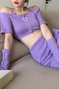 Y2K Soft Girl Knitted Matching Set Purple - 90s Grunge Summer Outfit, Retro Y2K Fashion