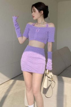 Y2K Soft Girl Knitted Matching Set Purple - 90s Grunge Summer Outfit, Retro Y2K Fashion