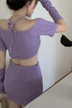 Y2K Soft Girl Knitted Matching Set Purple - 90s Grunge Summer Outfit, Retro Y2K Fashion