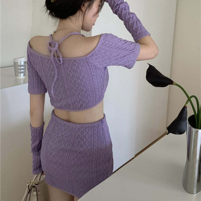 Y2K Soft Girl Knitted Matching Set Purple - 90s Grunge Summer Outfit, Retro Y2K Fashion
