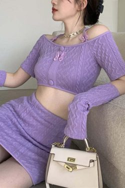 Y2K Soft Girl Knitted Matching Set Purple - 90s Grunge Summer Outfit, Retro Y2K Fashion