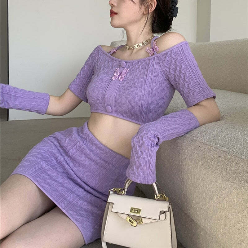 Y2K Soft Girl Knitted Matching Set Purple - 90s Grunge Summer Outfit, Retro Y2K Fashion