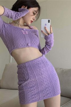 Y2K Soft Girl Knitted Matching Set Purple - 90s Grunge Summer Outfit, Retro Y2K Fashion