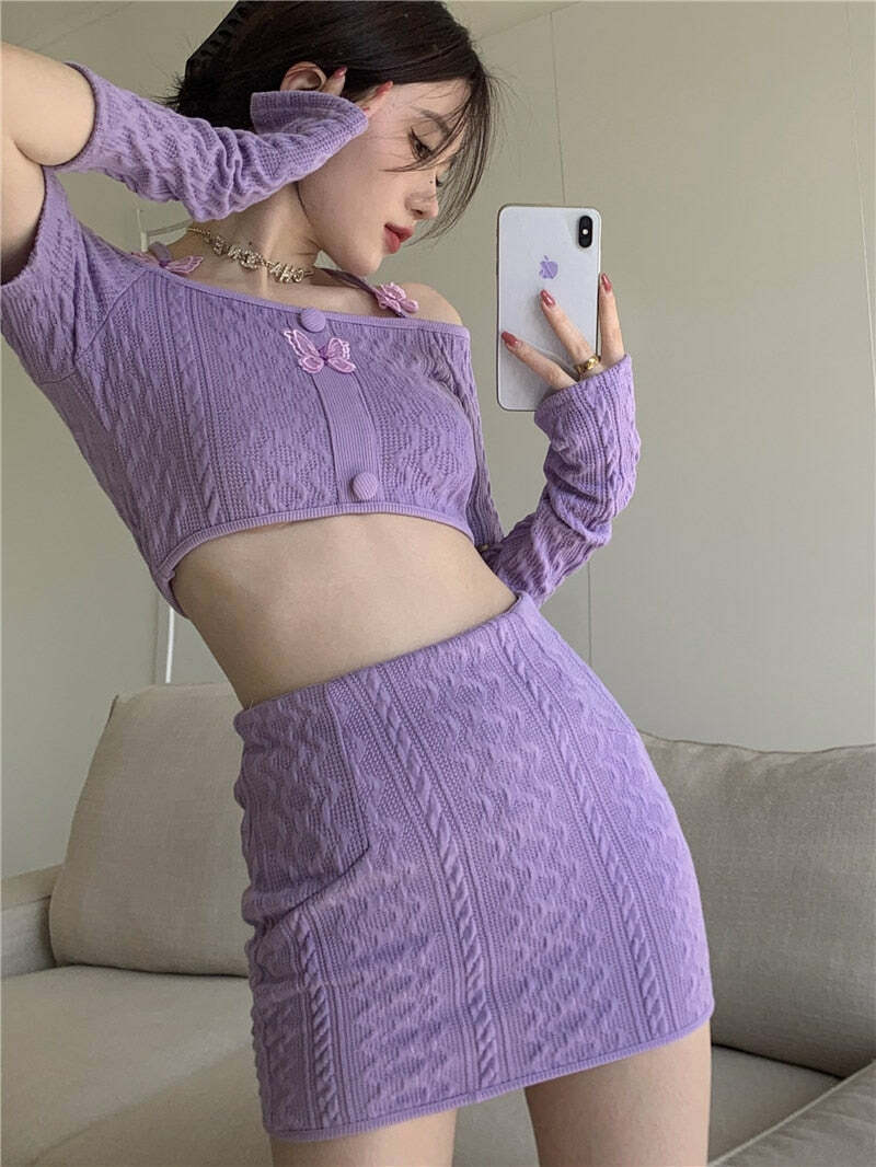 Y2K Soft Girl Knitted Matching Set Purple - 90s Grunge Summer Outfit, Retro Y2K Fashion