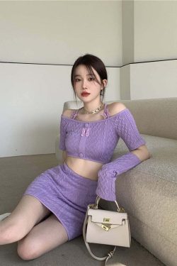 Y2K Soft Girl Knitted Matching Set Purple - 90s Grunge Summer Outfit, Retro Y2K Fashion